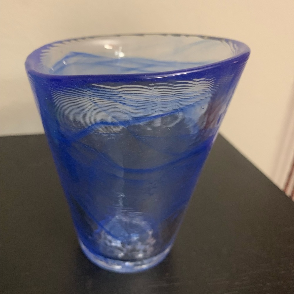 Kosta Boda “Mine” Blue Swirl Tumbler Glass 4”. Handmade in Sweden.